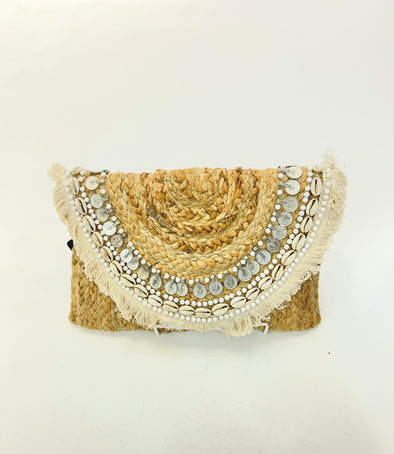 Jute Clutch With Shells and Coins