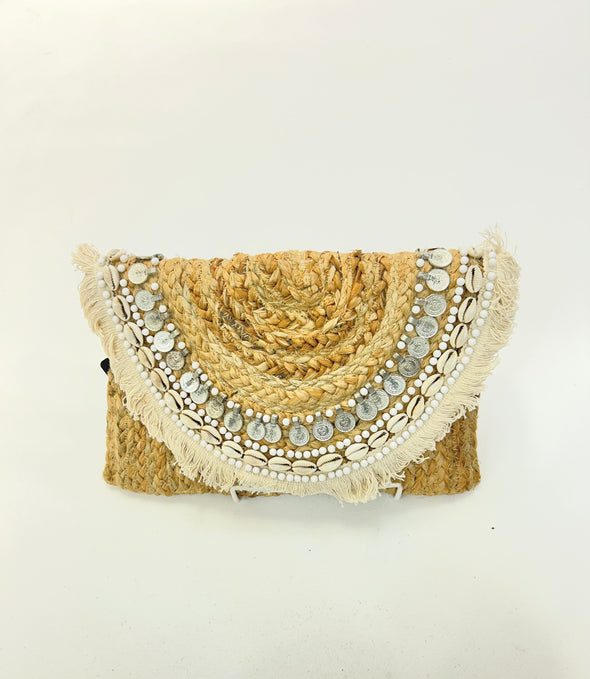 Jute Clutch With Shells and Coins