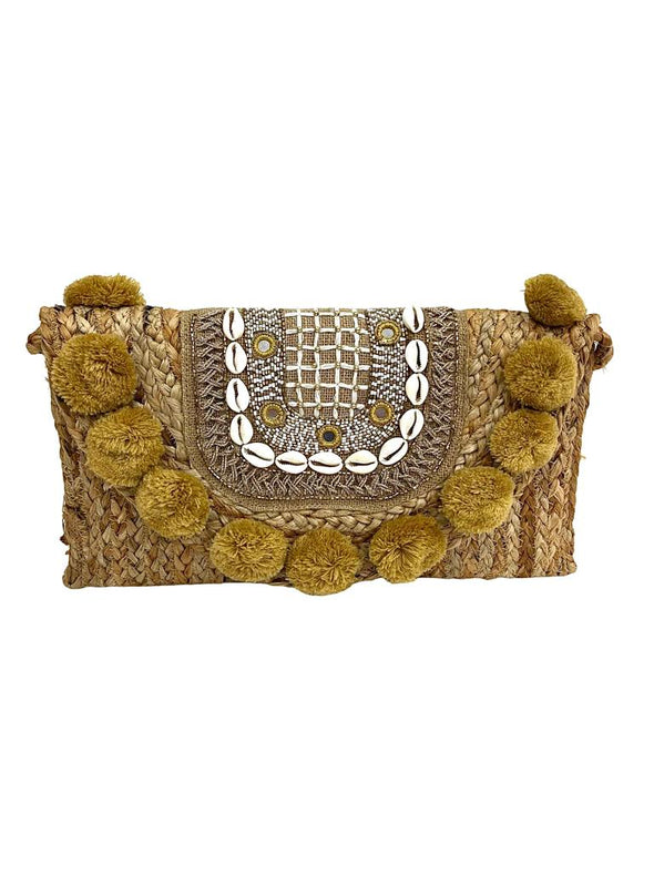 BG-01-1179 Natural Jute Clutch With Shells and Pompom