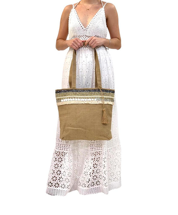 SB-2012 Natural Embellished Tote with Tassel BACK IN STOCK