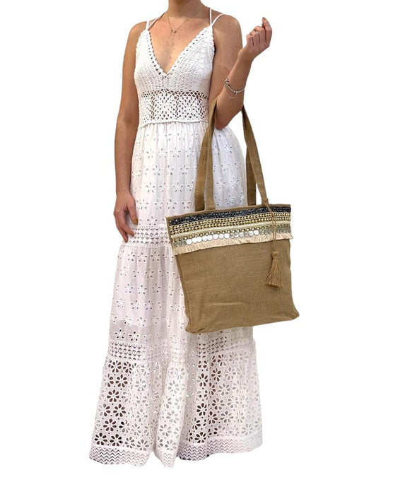 SB-2012 Natural Embellished Tote with Tassel BACK IN STOCK