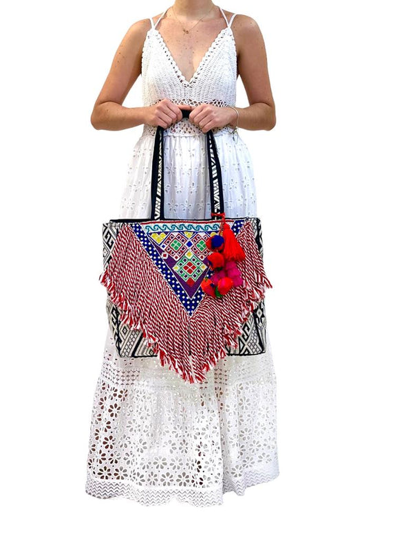 SB-2011 Multicolor Embroidered Tote with Fringes