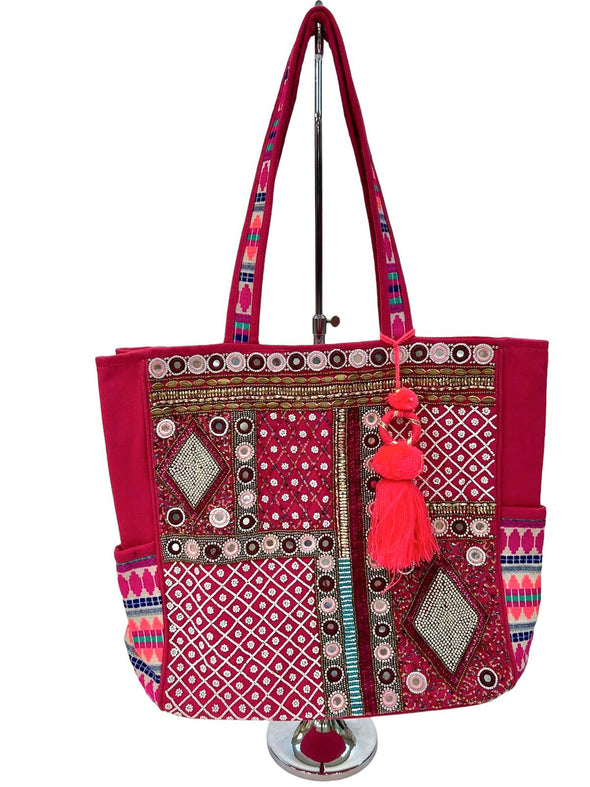 SB-008 Pink/Multicolor Embroidered Tote BACK IN STOCK